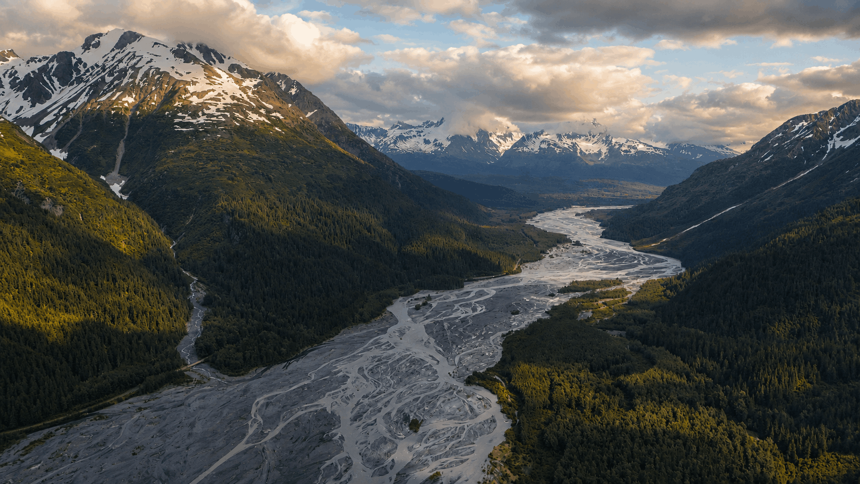 A braided glacial river crossing the Kenai Peninsula