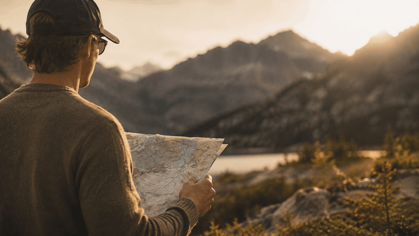 A hiker studies a topographic map above an Alaska lake, weighing the terrain ahead